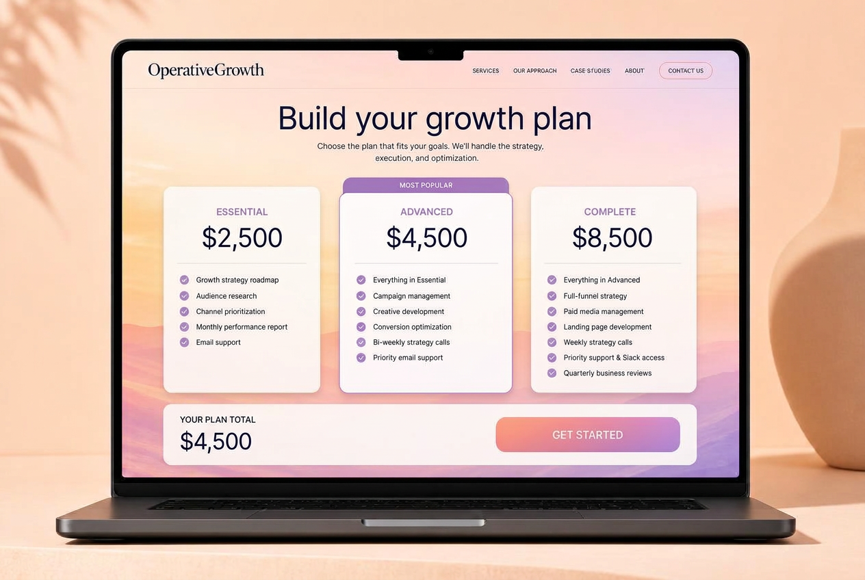 OperativeGrowth growth plan configurator showing Essential, Advanced, and Complete pricing tiers